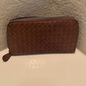 Bottega Veneta Nappa Intrecciato Zip Around Wallet Chocolate Brown Woven Leather